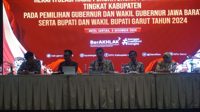 Pelaksanaan Rapat Pleno Terbuka Rekapitulasi Hasil Penghitungan Perolehan Suara tingkat Kabupaten Garut pada Pemilihan Gubernur dan Wakil Gubernur Jawa Barat serta Bupati dan Wakil Bupati Garut Tahun 2024, yang dilaksanakan di Ballroom Hotel Santika, Jalan Cipanas Baru, Kecamatan Tarogong Kaler, Kabupaten Garut, Kamis (5/12/2024).